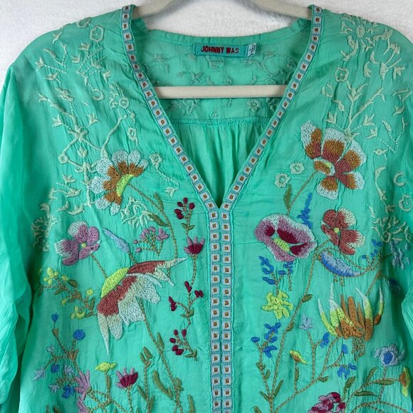 Johnny Was Embroidered Floral Tunic Top Green Boho V-Neck Tie Sleeve Womens M - Picture 3 of 12